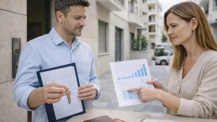 Инвестиции в недвижимость Турина - Барриера и Аурора Инвестор осматривает дом в Турине и обсуждает расчёт аренды со специалистом