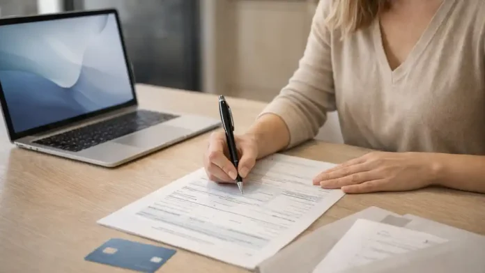 Прямая выплата от INPS в Италии: оформление пособия Рабочий стол, человек заполняет документы, рядом ноутбук с открытой формой, банковская карта и конверт с бумагами, нейтральная офисная атмосфера, дневной свет.