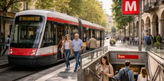 Транспортная сеть Турина и пригорода: метро, трамваи, SFM, тарифы и удобные маршруты Транспорт Турина: метро, трамвай и удобные пересадки в городе Современная городская сцена в Турине: на переднем плане остановка трамвая и вход в метро, люди спокойно пересаживаются, дневной свет, без толпы