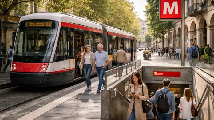 Транспорт Турина: метро, трамвай и удобные пересадки в городе Современная городская сцена в Турине: на переднем плане остановка трамвая и вход в метро, люди спокойно пересаживаются, дневной свет, без толпы