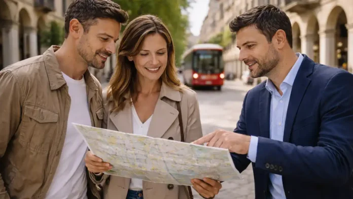 rayony-turina-borgo-vittoria-i-madonna-di-kampanya Борго Виттория и Мадонна ди Кампанья: районы Турина для жизни и покупки жилья Турин днём, спокойная улица жилого района с аркадами и трамваем на заднем плане, на переднем плане пара и специалист обсуждают карту районов