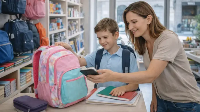 Школьные расходы в Турине: подготовка ребёнка к школе в Италии Родитель и ребёнок выбирают школьные принадлежности в Турине, спокойная семейная сцена