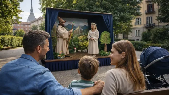 teatri-deti-turin-rayony Бесплатные детские спектакли в Турине по районам Семья с детьми на районной театральной площадке в Турине, тёплая городская атмосфера, акцент на «бесплатные события»
