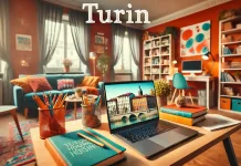 Студенты в Италии в поисках доступного жилья: какие меры необходимы? Изображение отображает уютную студенческую комнату в Турине с яркими акцентами, демонстрирующую атмосферу учебы и комфортного проживания. На заднем плане виден ноутбук на рабочем столе, символизирующий образовательные возможности, а также элементы декора, подчеркивающие домашний уют и доступное жилье для студентов в Италии