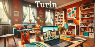 Студенты в Италии в поисках доступного жилья: какие меры необходимы? Изображение отображает уютную студенческую комнату в Турине с яркими акцентами, демонстрирующую атмосферу учебы и комфортного проживания. На заднем плане виден ноутбук на рабочем столе, символизирующий образовательные возможности, а также элементы декора, подчеркивающие домашний уют и доступное жилье для студентов в Италии