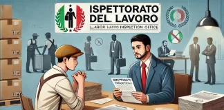 Жалоба на работодателя в Италии: Защита прав работников Представитель инспекции труда Италии помогает иностранному работнику подать жалобу на работодателя. Официальные документы и юридическая помощь на фоне офиса INPS