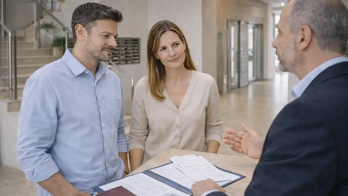  Администратор кондоминиума в Италии обсуждает документы с жильцами в современном итальянском подъезде или холле кондоминиума: администратор и 2 жильца обсуждают документы и счет без читаемых данных, дневной свет