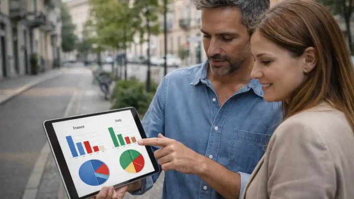 Этническая принадлежность во Франции и Италии: сравнение подходов к статистике Спокойная современная городская сцена в Европе, двое взрослых 30-45 обсуждают на планшете нейтральную инфографику без читаемых данных, на фоне городская улица