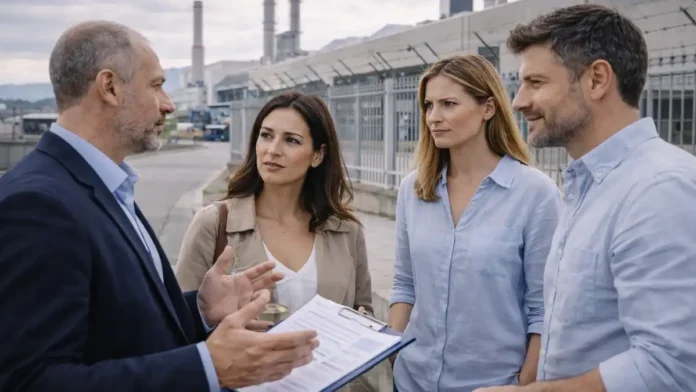 fiat-turin-mirafiori-spad Работники у входа на завод Mirafiori в Турине на фоне спада автопрома индустриального входа (без логотипов и текста): несколько людей 30-55 лет в повседневной одежде обсуждают новости о работе, на заднем плане нейтральные производственные здания