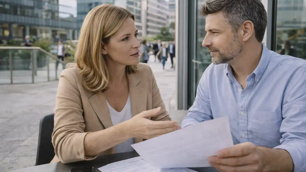 Экономика Пьемонта и Италии: работа, цены и бизнес в Турине Современный Турин днем: деловой район, люди на фоне города обсуждают финансы и планы, спокойная деловая атмосфера.