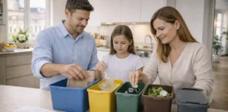 Новая TARI в Италии в 2025-2026: пунктуальный тариф, что реально меняется и как снизить платеж Новая TARI в Италии Домашняя сцена в Италии: жильцы сортируют отходы на кухне и выбрасывают несортируемый мусор в контейнер с персональным доступом