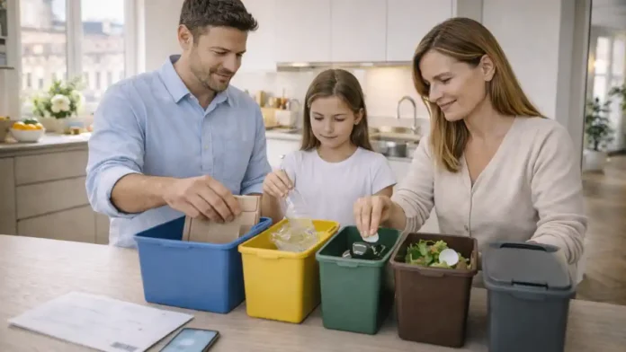 Новая TARI в Италии Домашняя сцена в Италии: жильцы сортируют отходы на кухне и выбрасывают несортируемый мусор в контейнер с персональным доступом