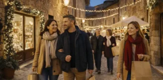 Рождество в Италии: куда поехать, ярмарки и самые красивые деревни для волшебных впечатлений Рождественние огни в уютной итальянской деревне на каменной улице вечером Вечерняя каменная улица в итальянской деревне, мягкие гирлянды, небольшие лавки с ремесленными сувенирами, люди 25-60 лет гуляют без толпы, тёплая праздничная атмосфера, без вывесок и текста