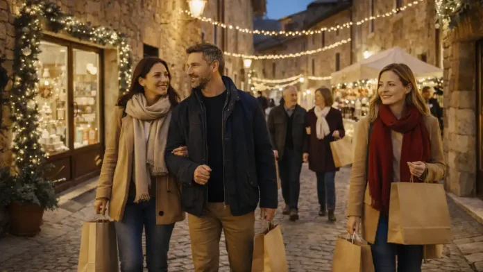 Рождественние огни в уютной итальянской деревне на каменной улице вечером Вечерняя каменная улица в итальянской деревне, мягкие гирлянды, небольшие лавки с ремесленными сувенирами, люди 25-60 лет гуляют без толпы, тёплая праздничная атмосфера, без вывесок и текста