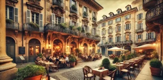 Район Центр Турина (Centro Storico): практические советы для иммигрантов уютный дворик в Centro Storico Турина. На переднем плане — кафе с посетителями, на заднем — здания с классическими итальянскими фасадами. Атмосфера уюта и городской жизни