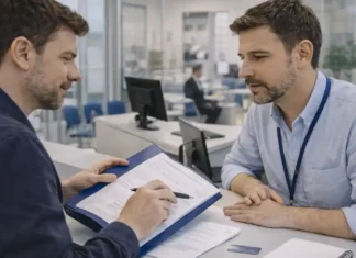 INPS для иностранных граждан в Италии: сколько нас в системе и как это использовать INPS для иностранцев в Италии: проверка взносов и документов в сервисном окне Светлый современный зал обслуживания, сотрудник и посетитель у стойки обсуждают документы и проверку взносов, спокойная деловая атмосфера