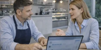 Италия против фальшивых отзывов: что хотят изменить для туризма, ресторанов и онлайн-торговли Италия борьба с фальшивыми отзывами Деловая сцена в Турине: владелец кафе и консультант обсуждают репутацию и отзывы на ноутбуке, спокойная атмосфера