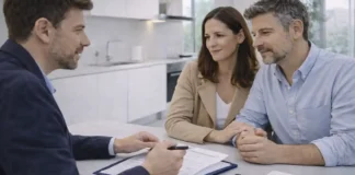 Коммунальные услуги для иностранцев в Италии: как подключить свет, газ, воду и интернет без ошибок Подключение коммунальных услуг в Италии для иностранцев интерьер квартиры или офиса управления недвижимостью в Италии, специалист и пара обсуждают подключение света, газа и воды, на столе папка с документами