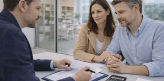 Купить квартиру в Италии: какие налоги и риски у пустующего жилья и как не попасть на штрафы Покупка квартиры в Италии: расчёт налогов и проверка документов перед сделкой Покупатель и консультант в современном офисе в Италии обсуждают расходы и риски пустующей квартиры перед покупкой