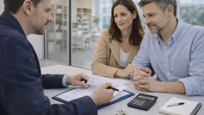 Покупка квартиры в Италии: расчёт налогов и проверка документов перед сделкой Покупатель и консультант в современном офисе в Италии обсуждают расходы и риски пустующей квартиры перед покупкой