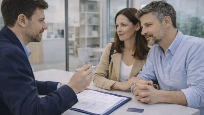 Самые богатые люди Италии: обсуждение переезда и налогов в современном офисе Современный офис консультаций в Италии, специалист и пара обсуждают переезд, налоговое резидентство и инвестиции, на столе папка с документами