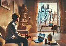 Удаленная работа в Милане: как гибкий график меняет жизнь города Удалённая работа в Милане: уютный домашний офис с ноутбуком и видом на город