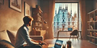 Удаленная работа в Милане: как гибкий график меняет жизнь города Удалённая работа в Милане: уютный домашний офис с ноутбуком и видом на город