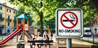 Милан запрещает курение на открытом воздухе: что это значит для горожан? Знак запрета курения на улице Милана с людьми на заднем плане.