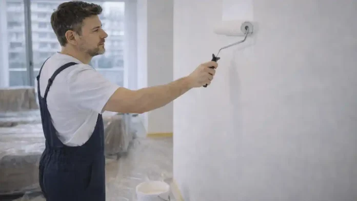 Маляр в Турине Италия покраска квартиры 2026 Современная сцена ремонта в квартире в Турине, мастер аккуратно красит стену, чистая зона работ, дневной свет