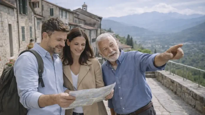 Тёплый вечерний вид на итальянскую деревушку-борго с каменными домами и холмами на горизонте Атмосферный вид на историческую деревушку Италии, подчёркивающий тему путешествий по борго и маршрутов без толп