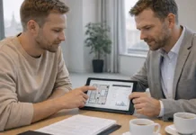 Инвестиции в недвижимость Турина в 2026: покупка, аренда, риски и стратегия доходности Инвестиции в недвижимость Турина 2026 Инвестор и специалист обсуждают покупку квартиры в Турине и план аренды на фоне современного города.