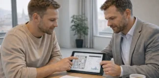 Инвестиции в недвижимость Турина в 2026: покупка, аренда, риски и стратегия доходности Инвестиции в недвижимость Турина 2026 Инвестор и специалист обсуждают покупку квартиры в Турине и план аренды на фоне современного города.