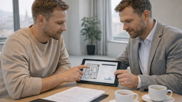 Инвестиции в недвижимость Турина 2026 Инвестор и специалист обсуждают покупку квартиры в Турине и план аренды на фоне современного города.