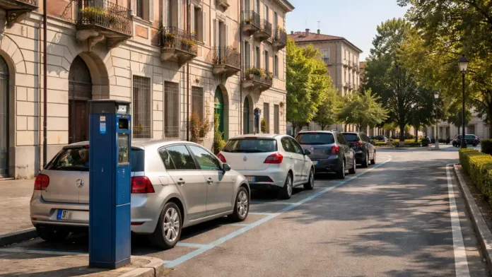 Парковка в Киери рядом с Турином: паркомат, разметка зон и машины в центре города Улица Киери днем, видны паркомат и разметка парковки, спокойная городская атмосфера Пьемонта