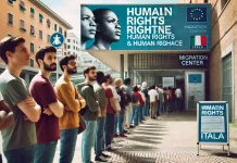 Состояние прав в Италии: иммиграция, тюрьмы и социальные проблемы Люди в очереди возле миграционного центра в Италии на фоне плакатов о правах человека