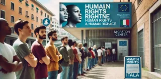 Состояние прав в Италии: иммиграция, тюрьмы и социальные проблемы Люди в очереди возле миграционного центра в Италии на фоне плакатов о правах человека