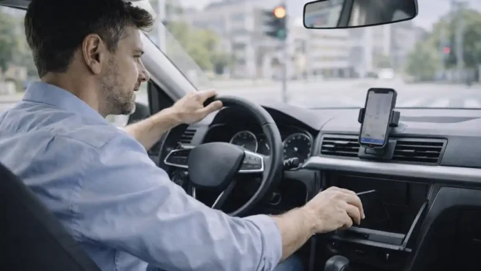 shtrafy-telefon-za-rulem-italiya Штрафы за телефон за рулем в Италии и риск лишения прав на светофоре Водитель в современном автомобиле в Италии убирает телефон в сторону, рядом заметен держатель для навигации, городская улица на фоне, дневной свет