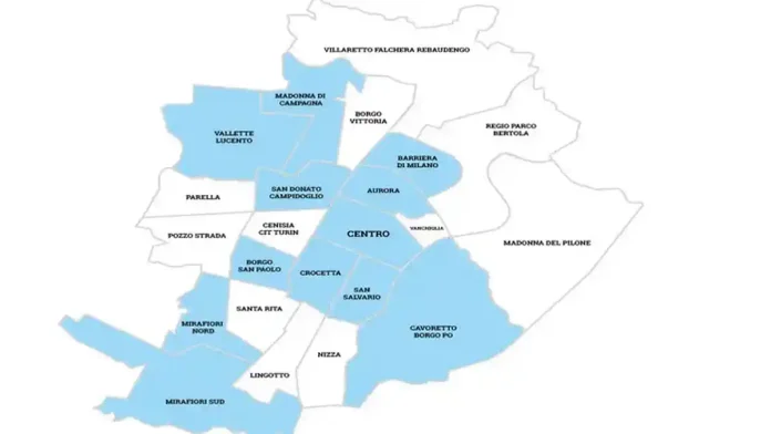 Карта Турин Пьемонт Италия районы Турина Турин на карте Италии с отмеченными достопримечательностями и линиями транспорта изображение карты Турина на фоне Италии, с выделенным центром города, линиями метро и основными достопримечательностями, современный стиль