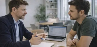 На чем заработать в 2025-2026 в Италии: реальные способы онлайн и офлайн без сказок Заработок в Италии 2025-2026 реальные варианты онлайн и офлайнТурин, спокойный современный интерьер, человек обсуждает план заработка с консультантом за столом, ноутбук с размытыми графиками без читаемого текста, естественный дневной свет