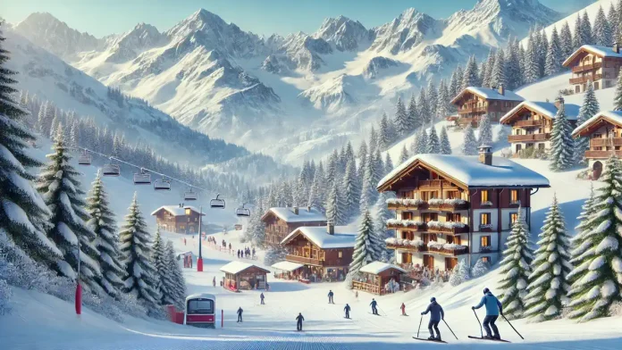 Горнолыжные курорты Пьемонта зимой, заснеженные склоны, лыжники на фоне Альп