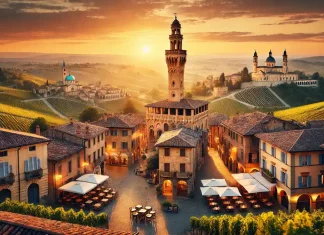 Асти – город вина и исторического наследия Средневековый город Асти с виноградниками и башнями на фоне заката