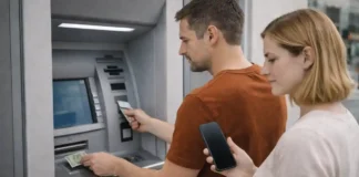 Как снять деньги в банкомате в Италии: комиссии, лимиты, NFC и банкоматы нового поколения Как снять деньги в банкомате в Италии - банкомат, наличные, NFC и безопасность Современный банкомат в Италии днём, мужчина 30–45 лет снимает наличные, рядом женщина 30–40 лет наблюдает и держит смартфон без читаемого текста, спокойная городская улица, без логотипов и надписей, натуральные лица и руки