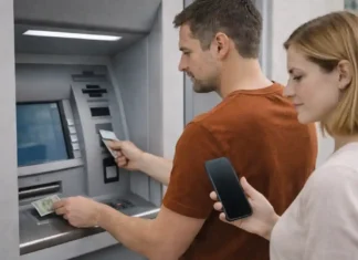 Как снять деньги в банкомате в Италии: комиссии, лимиты, NFC и банкоматы нового поколения Как снять деньги в банкомате в Италии - банкомат, наличные, NFC и безопасность Современный банкомат в Италии днём, мужчина 30–45 лет снимает наличные, рядом женщина 30–40 лет наблюдает и держит смартфон без читаемого текста, спокойная городская улица, без логотипов и надписей, натуральные лица и руки