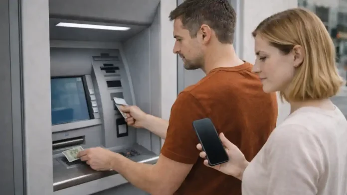 Как снять деньги в банкомате в Италии - банкомат, наличные, NFC и безопасность Современный банкомат в Италии днём, мужчина 30–45 лет снимает наличные, рядом женщина 30–40 лет наблюдает и держит смартфон без читаемого текста, спокойная городская улица, без логотипов и надписей, натуральные лица и руки