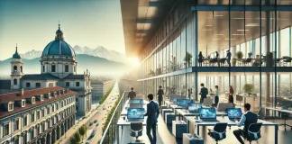 Как открыть бизнес в Пьемонте: перспективы, налоги, возможности Современный бизнес-центр в Турине, Италия, с офисами и стартапами в Пьемонте.