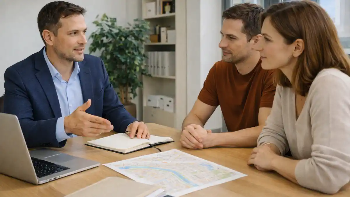 Консультация по запуску бизнеса в Пьемонте: документы без читаемых данных, карта Турина и спокойная деловая атмосфера.