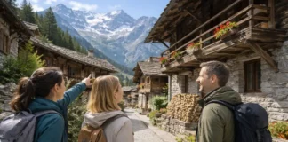 Деревни вальзеров в Пьемонте: куда поехать, что увидеть и как спланировать маршрут у Монте-Роза Деревни вальзеров в Пьемонте у Монте-Роза Альпийская деревня в Пьемонте с традиционными деревянными домами вальзеров, на фоне снежные вершины Монте-Роза