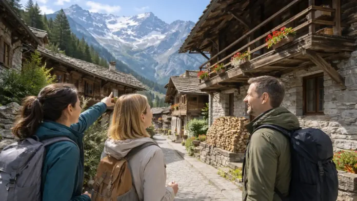 derevni-valzerov-piemont-monte-rosa-marshrut Деревни вальзеров в Пьемонте у Монте-Роза Альпийская деревня в Пьемонте с традиционными деревянными домами вальзеров, на фоне снежные вершины Монте-Роза
