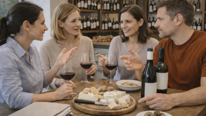 Гастрономия Пьемонта трюфель Альба вино Бароло сыры Уютная дегустация в Пьемонте: на столе сырная тарелка, паста, бокалы красного вина, рядом сезонные продукты. Современная живая атмосфера