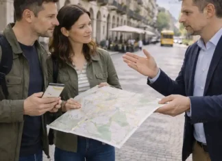 Где жить в Пьемонте: лучшие города для переезда, работы и покупки жилья Где жить в Пьемонте: Турин, Новара, Асти и лучшие города региона Дневной городской коллаж без текста: спокойная улица Турина с аркадами, на заднем плане силуэты альпийских холмов Пьемонта, на переднем плане пара 30–45 лет обсуждает карту и районы для жизни, рядом нейтральный специалист показывает варианты, современная Италия.